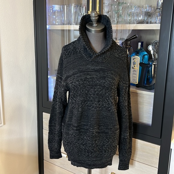 American Rag Sweater Shawl collar Charcoal Grey  cable knit mixed knit sweater L - Picture 7 of 17